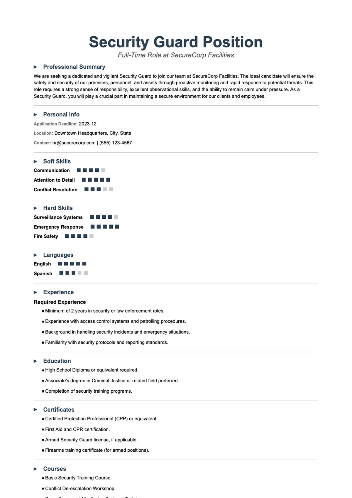 Professional security guard resume with skills bar ratings and experience highlights_variant_1